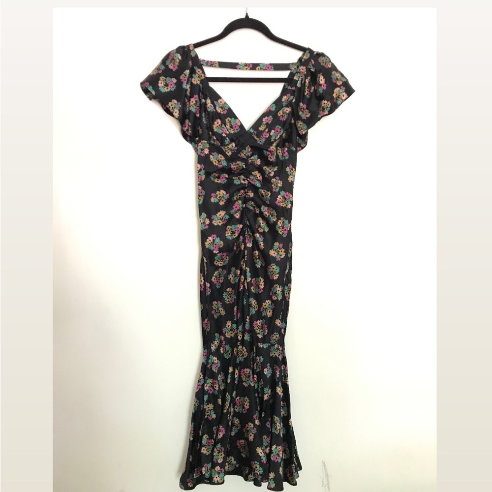 Betsey Johnson Black Floral Ruffle Maxi Dress with Pink & Green Accents